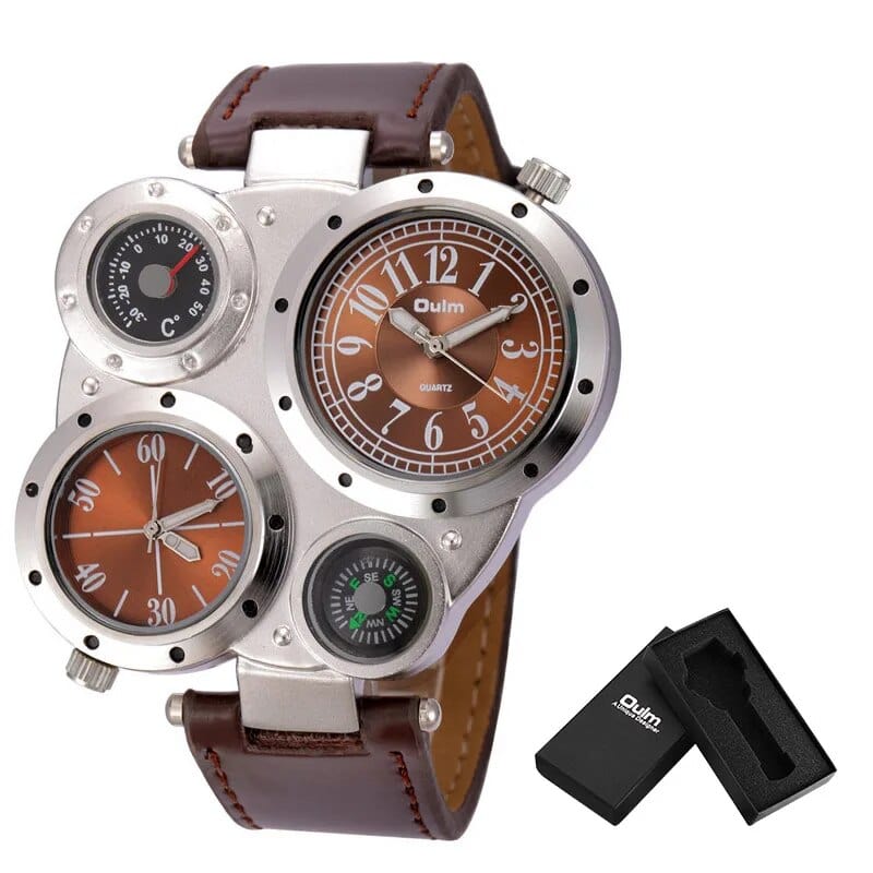 Oulm men's dual time zone sports watch with large face, PU leather strap, quartz movement, and compass decoration.