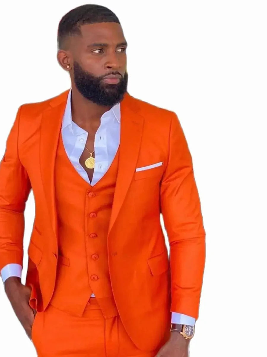 Bright orange slim fit men's 3-piece suit with notch lapel, shown on a mannequin, ideal for wedding or prom events.