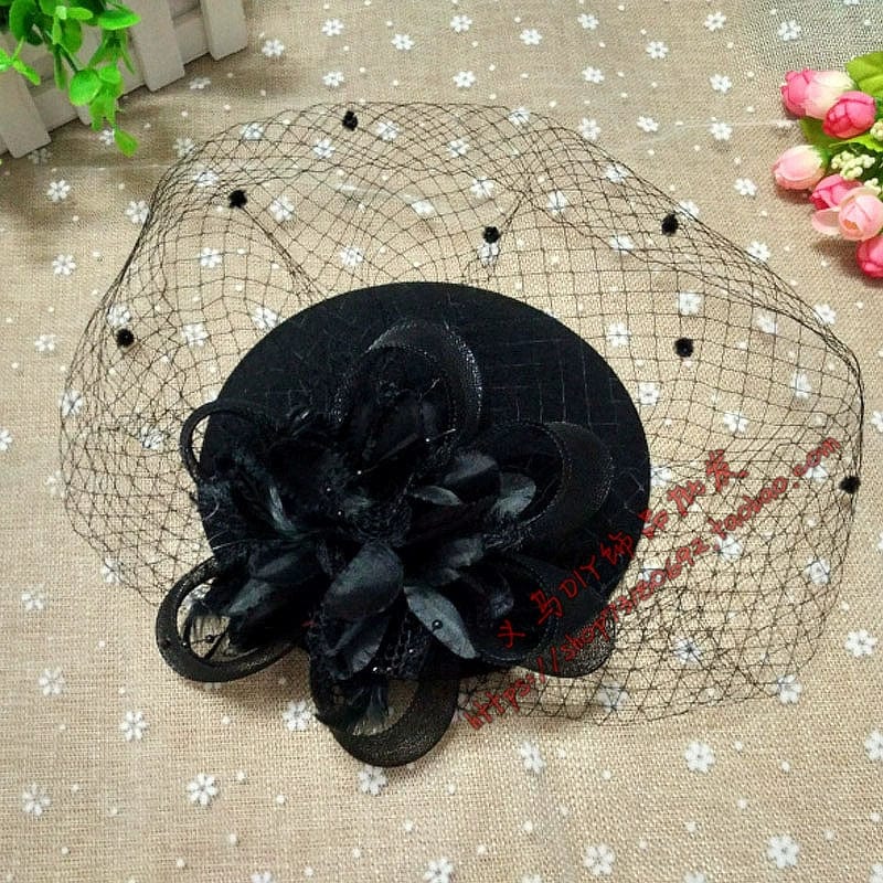 Showlu Black Vintage Gauze Billycock hat with yarn hair clip, British style accessory for retro or vintage fashion looks.