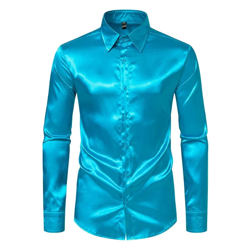 Men's glossy mercerized satin long sleeve shirt by Showlu Fashion, suitable for stage costumes and British court dress in plus sizes.