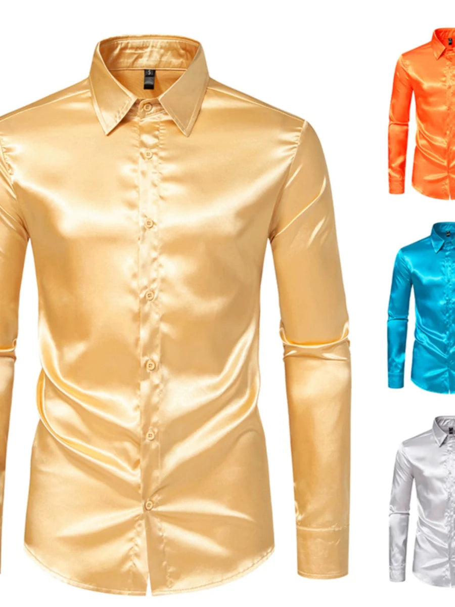 Men's glossy satin long sleeve shirt by Showlu Fashion Store, British court style, plus size, stage costume for singers and performers.