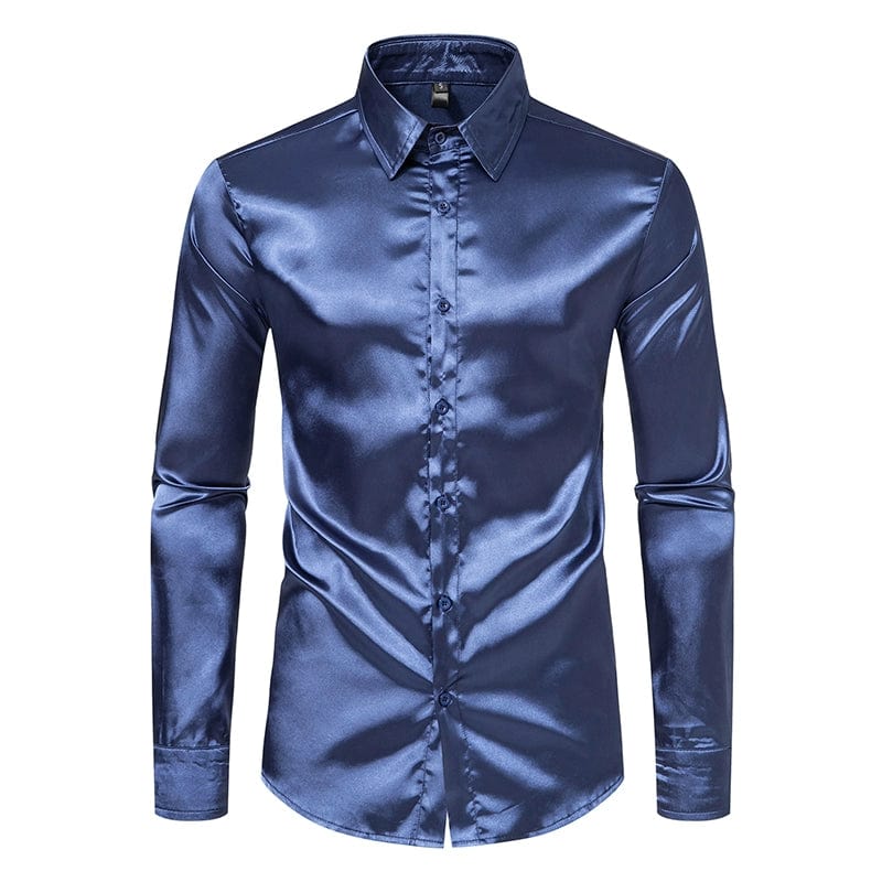 Showlu men's glossy satin long sleeve shirt with British court dress style, ideal for stage costumes and trendy performances.