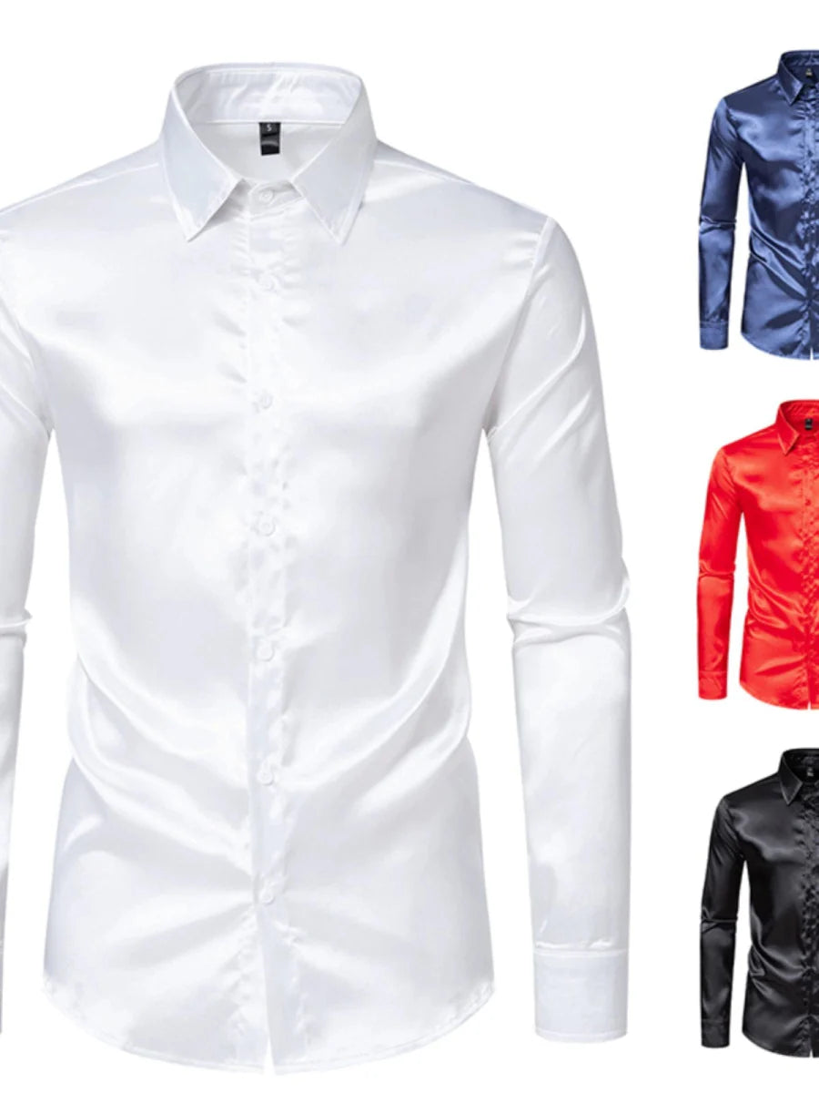 Showlu men's glossy satin long sleeve shirt with a British court dress style, ideal for stage costumes and trendy performances.