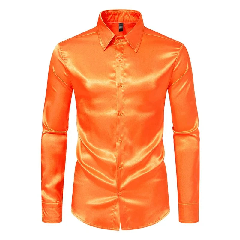 Showlu Men's Mercerized Satin Long Sleeve Shirt featuring glossy finish, suitable for stage costumes and trendy men's fashion.