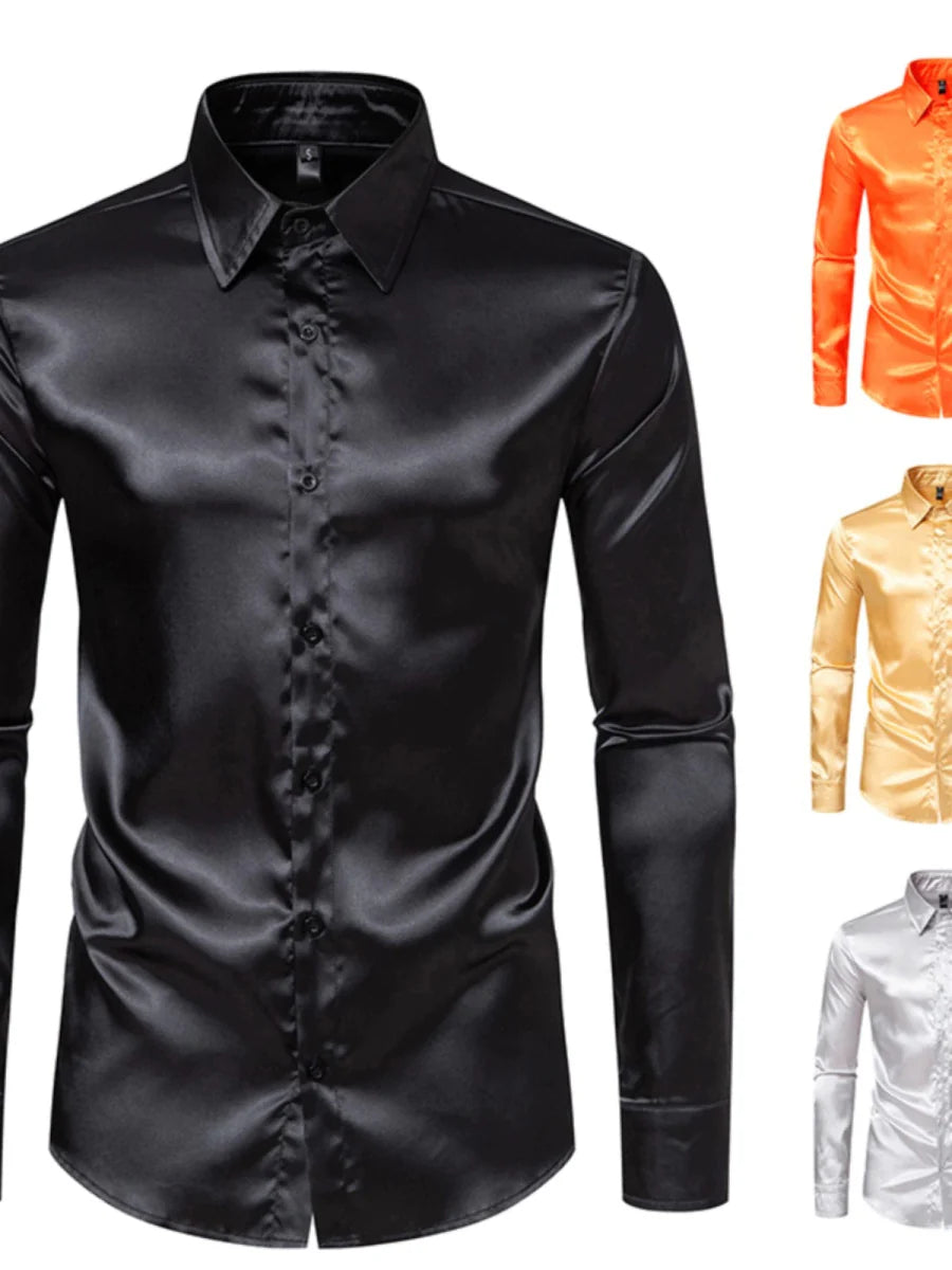 Showlu men's glossy satin long sleeve shirt with a British court dress style, ideal for stage costumes and performances.