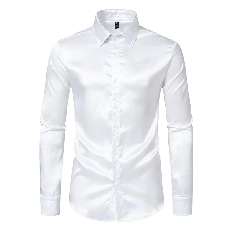 Showlu men's mercerized satin long sleeve shirt with glossy finish, ideal for stage costumes and trendy performances.
