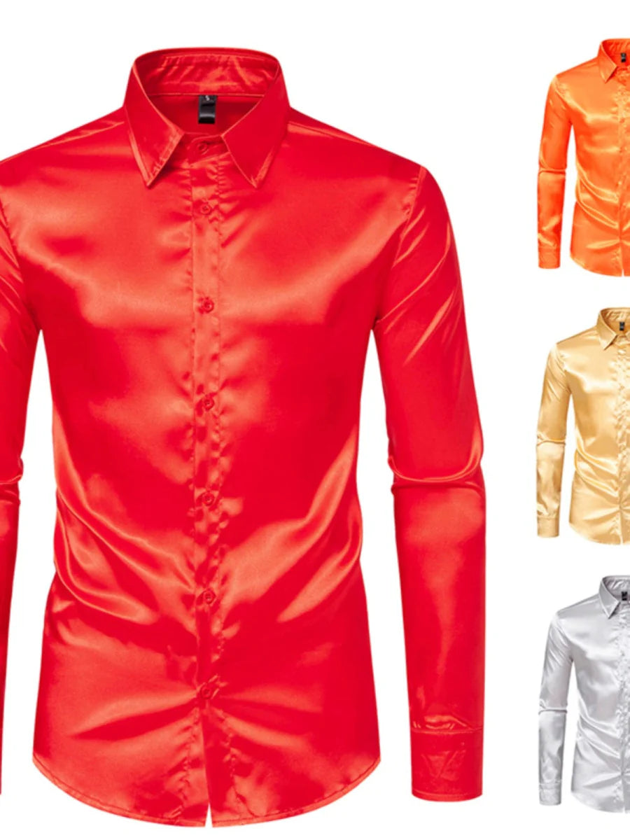 Showlu men's mercerized satin long sleeve shirt with glossy finish, ideal for stage costumes and trendy performances.