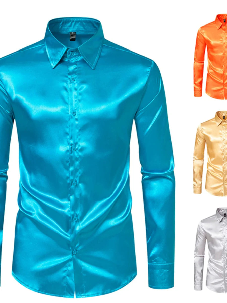 Showlu men's glossy satin long sleeve shirt with British court dress style, suitable for stage costumes and plus-size fashion.