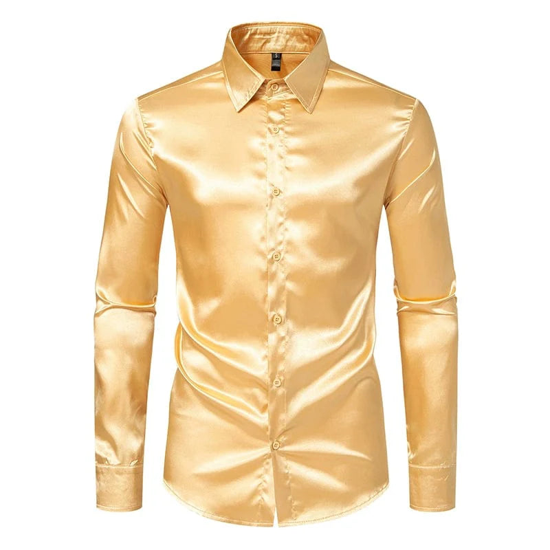 Showlu Men's Mercerized Satin Long Sleeve Shirt with glossy finish, ideal for stage costumes and trendy performances.
