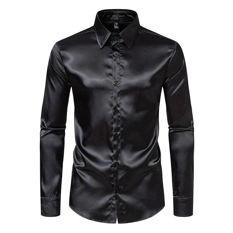 Men's glossy satin long sleeve shirt by Showlu Fashion, British court-inspired stage costume with trendy, shiny fabric and tailored fit.