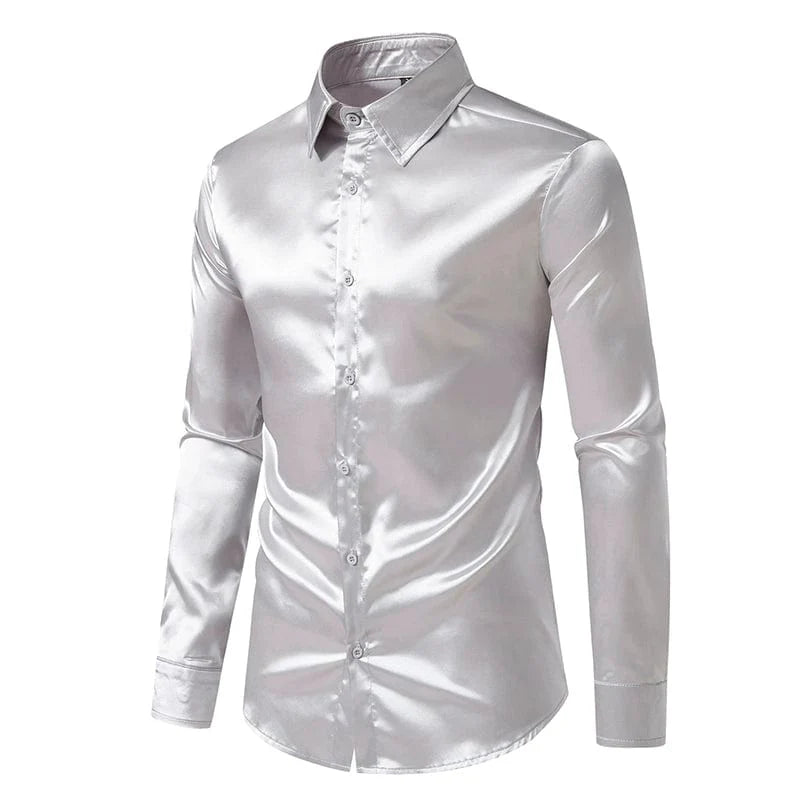 Showlu Men's Mercerized Satin Long Sleeve Shirt with glossy finish, ideal for stage costumes and stylish performances.