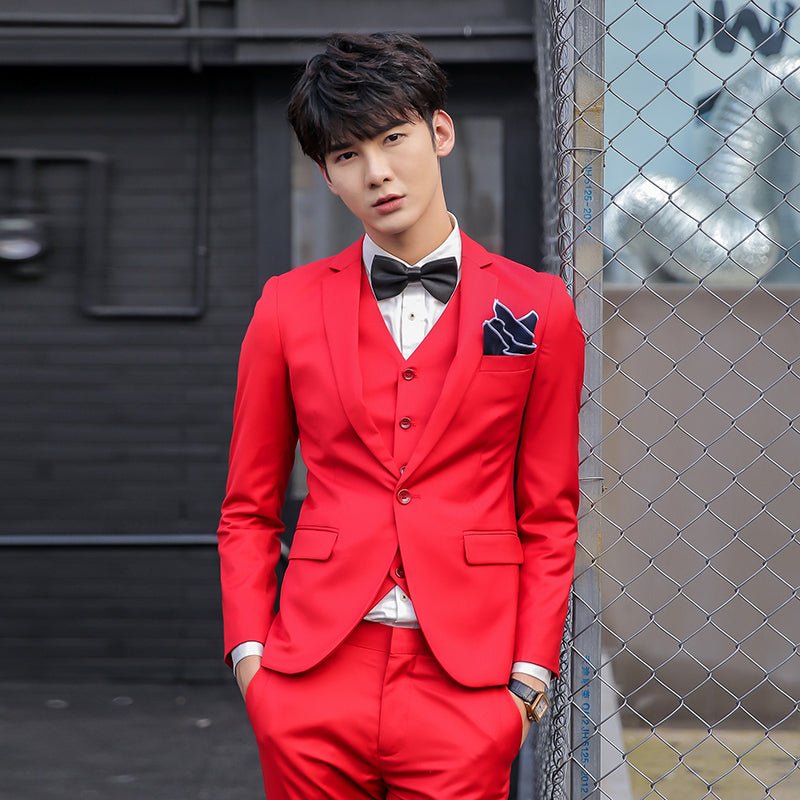 Original Charm men's pink three-piece slim fit suit with solid color, featuring jacket, vest, and trousers for business or wedding wear.