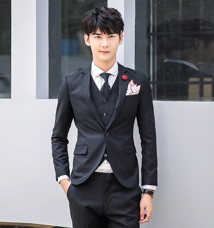 Original Charm men's pink three-piece slim fit suit, solid color business and wedding attire with jacket, vest, and trousers.