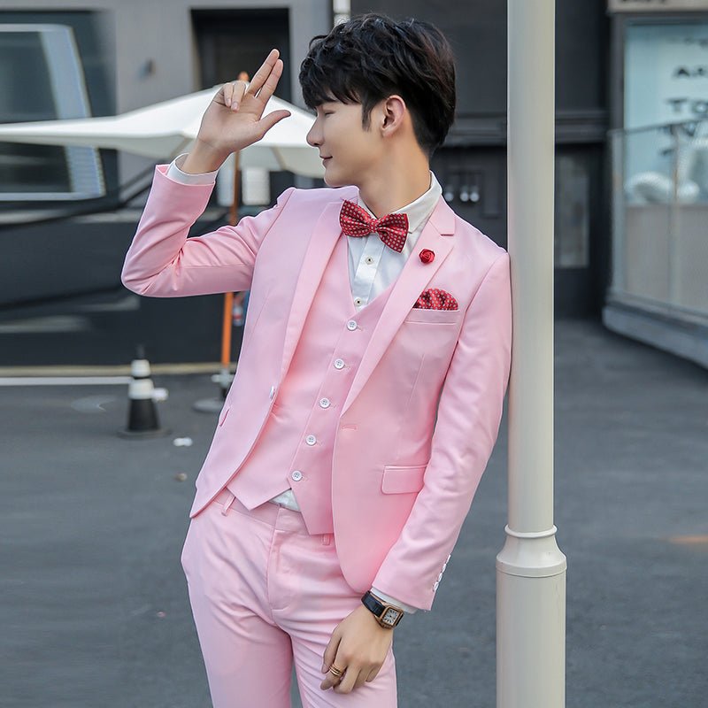 Original Charm men's pink three-piece slim fit suit, solid color business and wedding formal wear, tailored for a sharp look