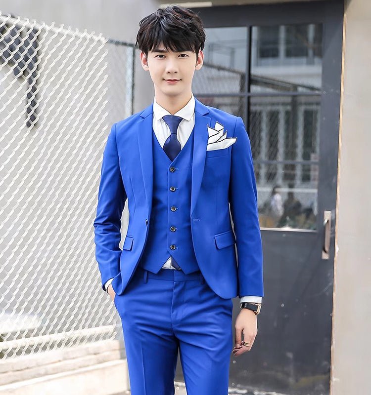 Original Charm men's pink three-piece slim fit suit, solid color business and wedding attire with jacket, vest, and trousers.