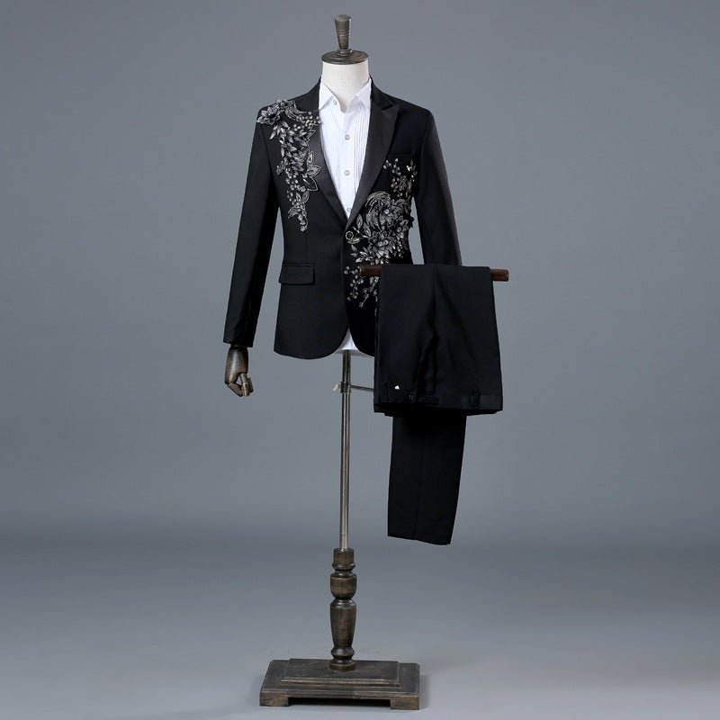 Men's British court suit by Showlu Fashion with sequined diamond embroidery, featuring a stylish, embroidered design for formal occasions.