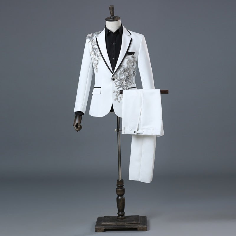 Men's British court suit by Showlu Fashion with sequined diamond embroidery, featuring elegant embroidered design for formal occasions.
