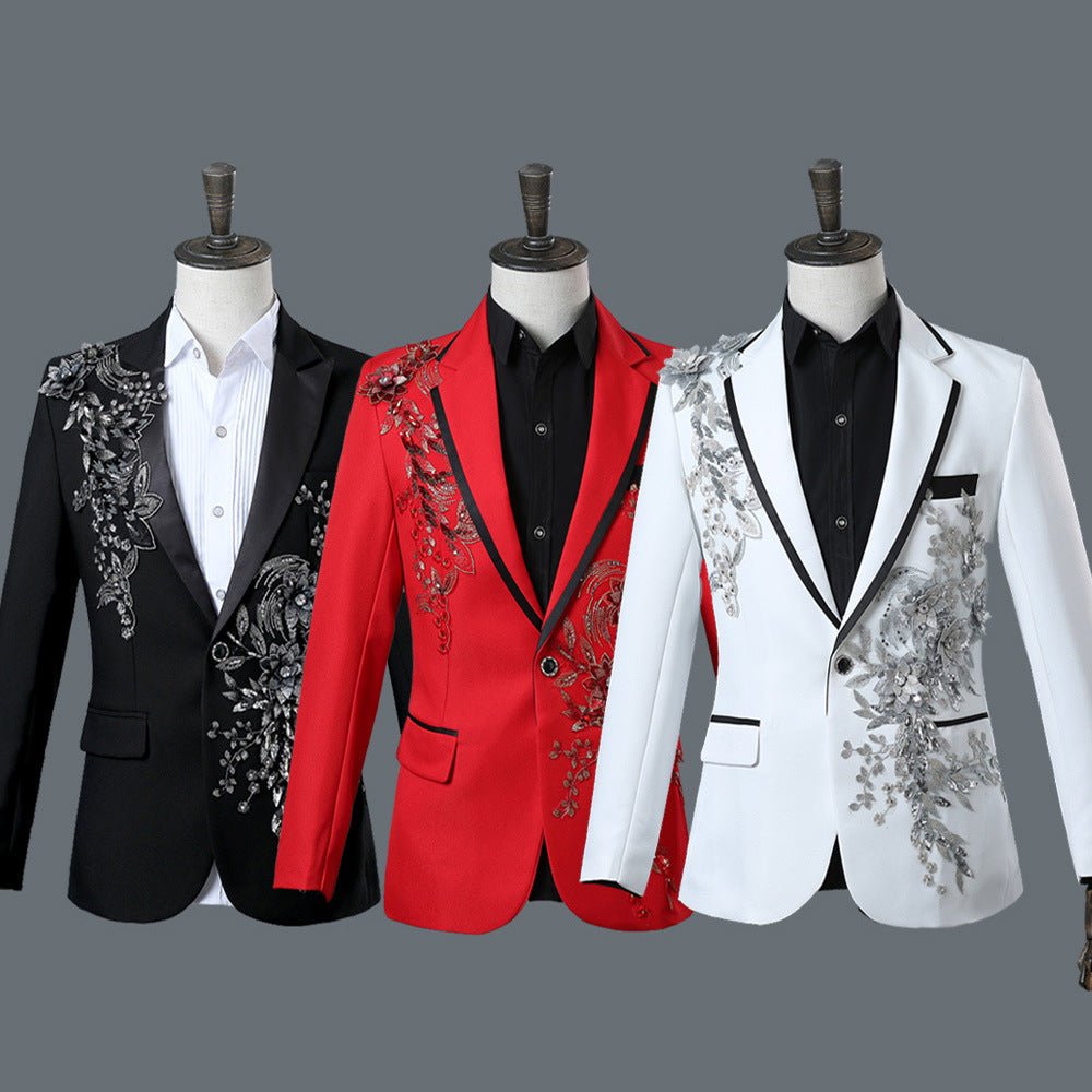 Men's British Court Suit by Showlu Fashion with sequined diamond embroidery, stylish formal wear for weddings or special events.