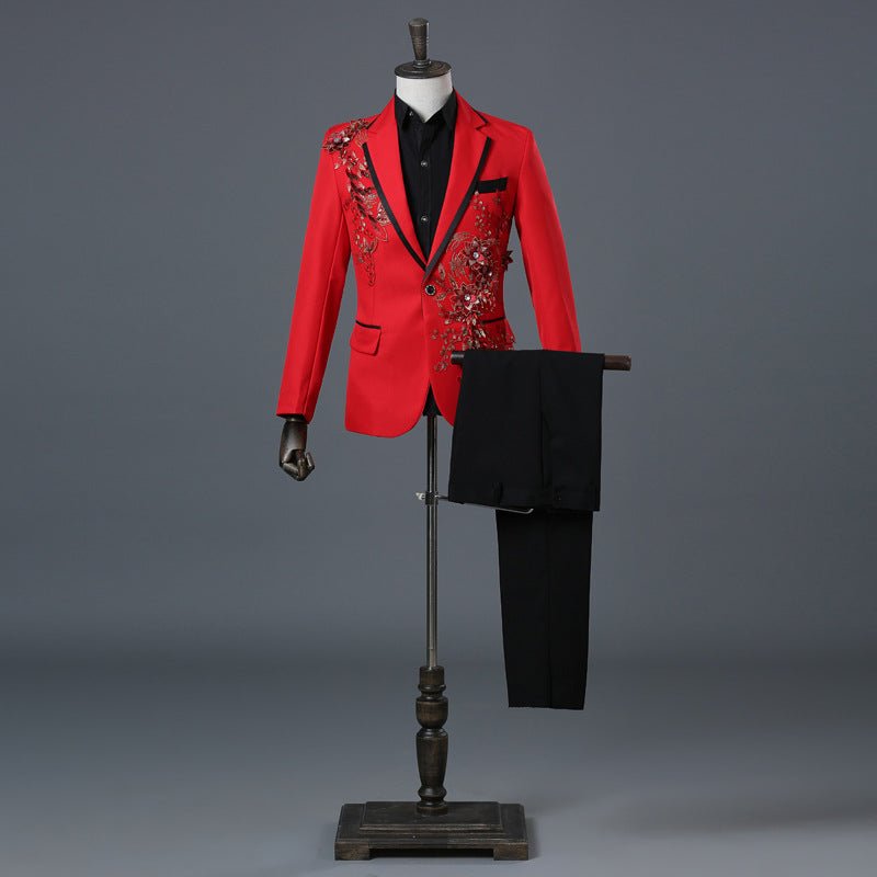 Men's British court suit by Showlu Fashion with sequined diamond embroidery, stylish formal wear for weddings or special occasions.