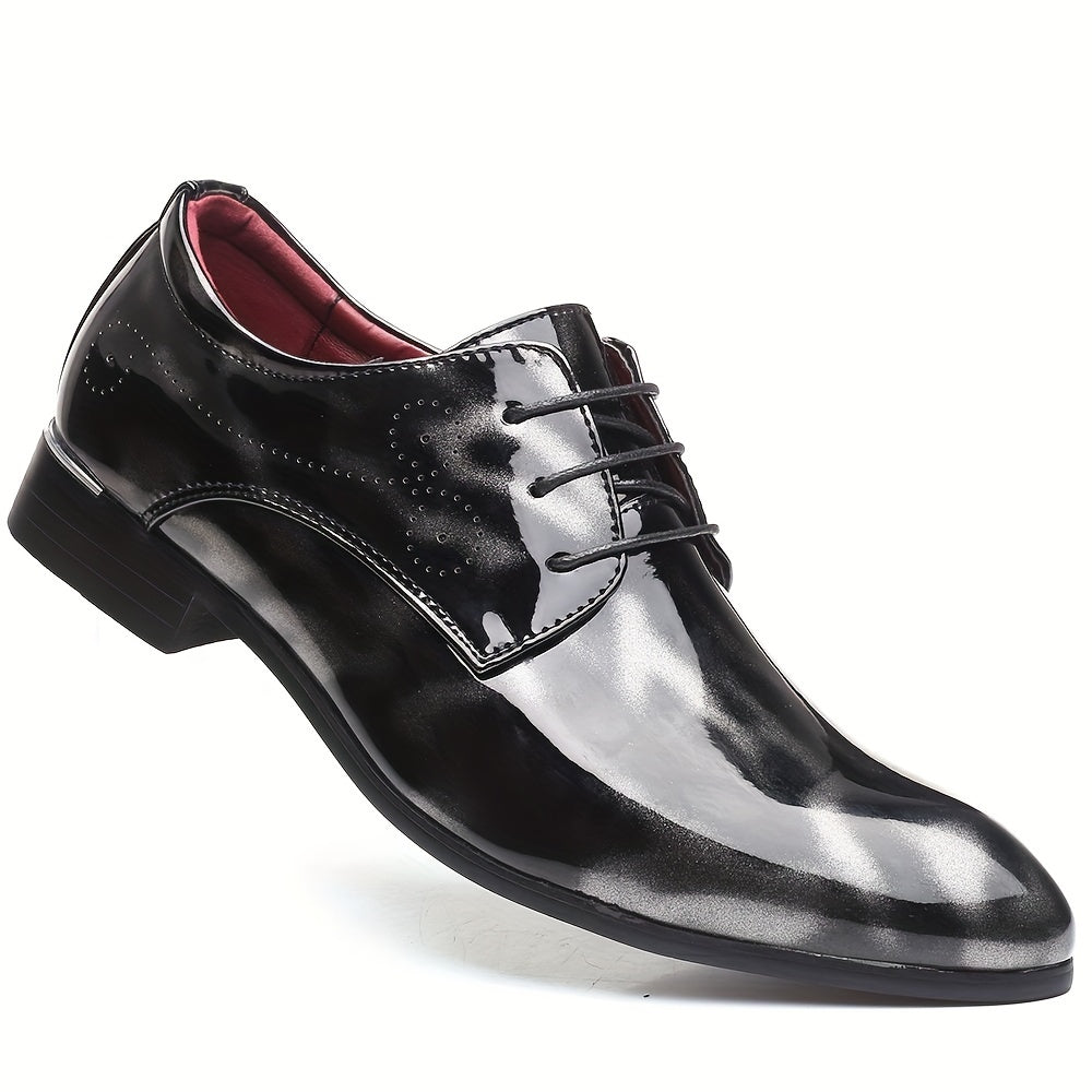 SHOWLU FASHION men's floral pattern Oxford shoes with glossy PU finish, British style dress shoes for weddings and casual events.