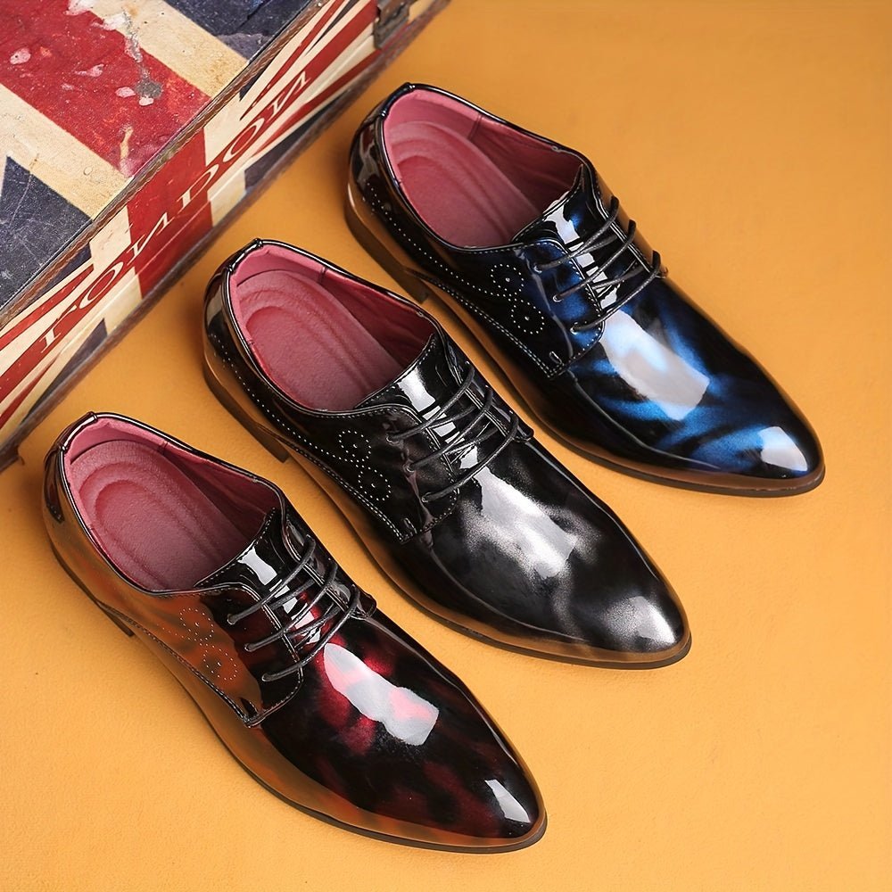 SHOWLU FASHION men's floral pattern Oxford shoes with glossy PU finish, British style dress shoes ideal for weddings and casual events.