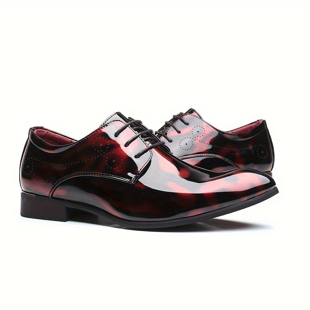 SHOWLU FASHION men's floral pattern Oxford shoes with glossy PU finish, British style dress shoes for weddings and casual events.
