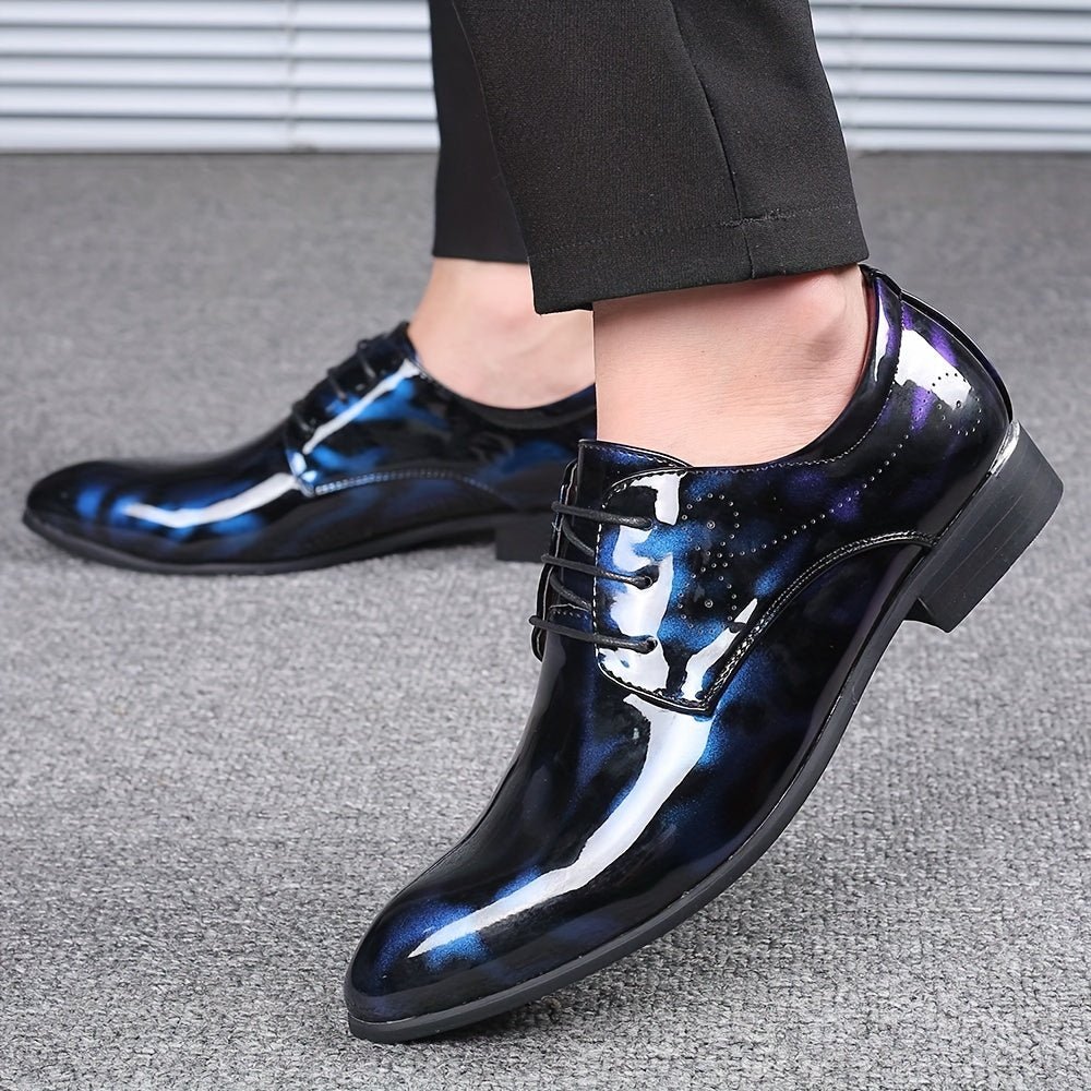 SHOWLU FASHION men's floral pattern Oxford shoes with glossy PU finish, British style dress shoes for weddings and casual events.