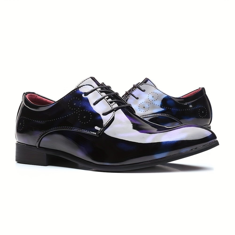 SHOWLU FASHION men's floral pattern Oxford shoes with glossy PU finish, British style dress shoes perfect for weddings and casual wear.