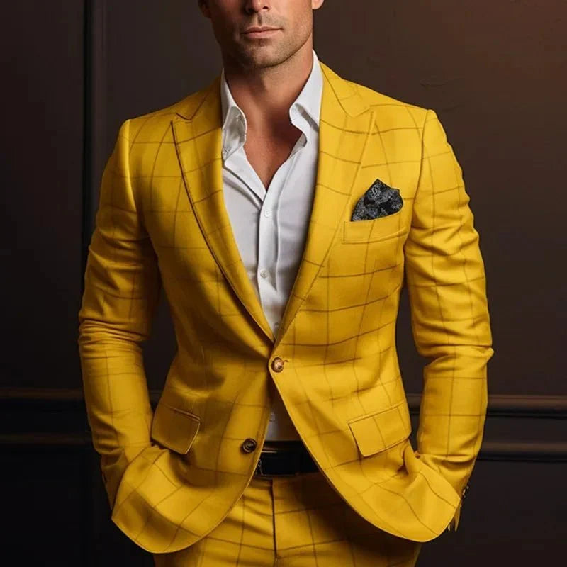 Gold plaid men's tuxedo by SHOWLU FASHION STORE featuring a slim fit, British style wedding suit with notch lapel and two-piece design.
