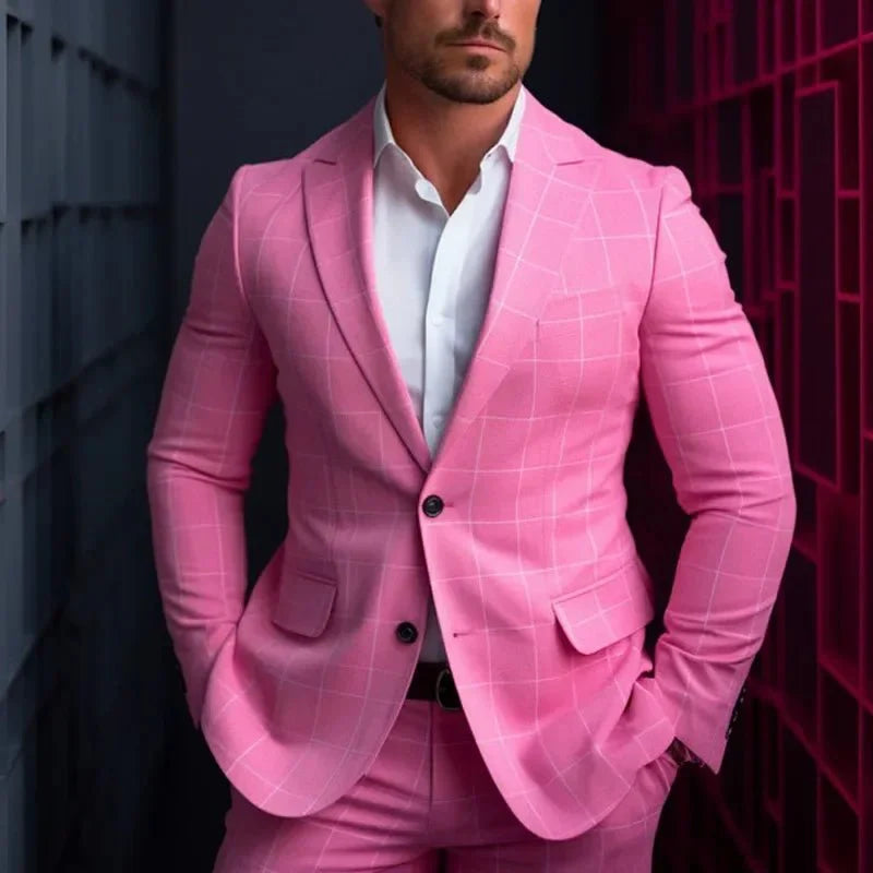 Gold plaid men's wedding tuxedo with slim fit blazer and matching pants, stylish British-inspired formal suit for men.