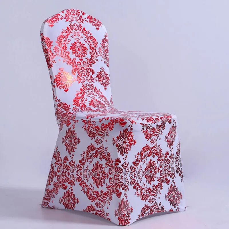 Bronzing gold printed Showlu Fashion Store spandex chair cover, stretch universal banquet cover for wedding, restaurant, or hotel dining.