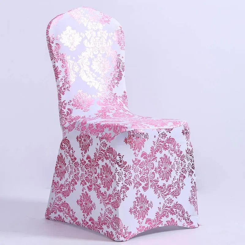 Bronzing gold printed Showlu Fashion Store stretch spandex chair cover for banquet, wedding, restaurant, and hotel event seating.
