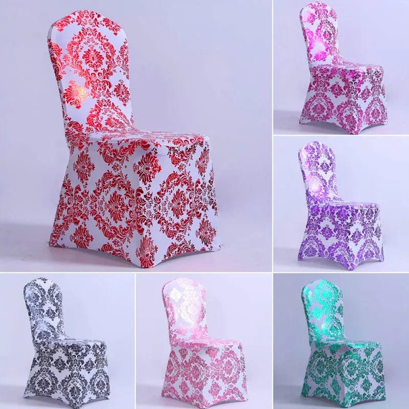 Gold printed spandex chair cover by Showlu Fashion Store, universal stretch design for banquet, wedding, and event seating.