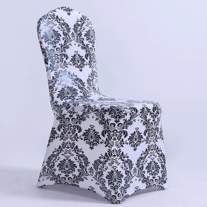 Bronzing gold printed Showlu Fashion Store spandex chair cover for banquet, wedding, restaurant, hotel, and party seating.