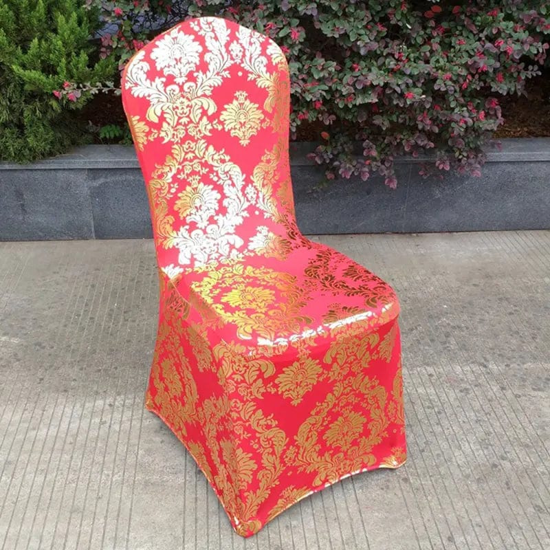 Bronzing gold printed spandex chair cover by Showlu Fashion Store, stretchy universal banquet cover for weddings and events.