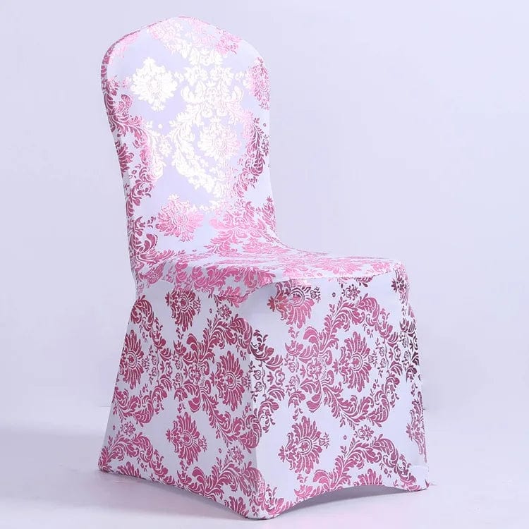 Gold printed spandex chair cover by Showlu Fashion Store, stretchy banquet cover for wedding, restaurant, or hotel seating.