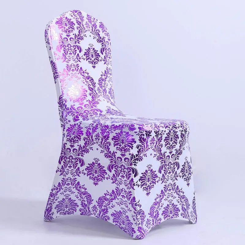 Bronzing gold printed spandex chair cover, universal banquet style, for restaurant, hotel, or wedding dining events.