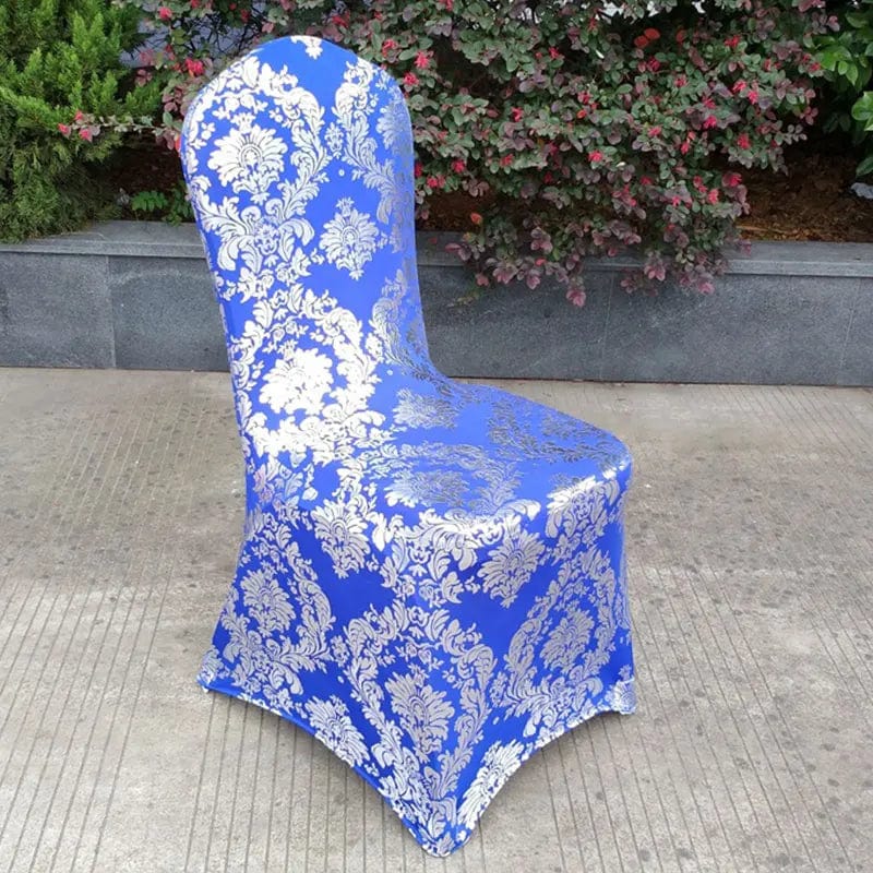 Gold printed spandex chair cover by Showlu Fashion Store, stretch banquet cover for wedding, restaurant, and hotel dining.