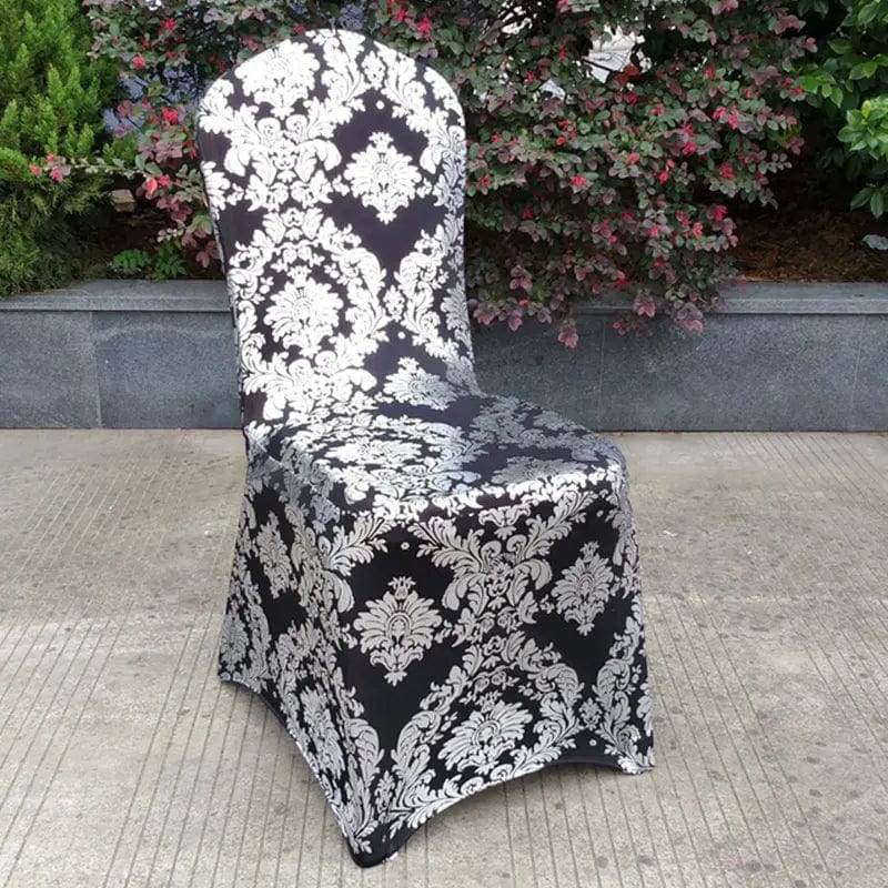Gold printed spandex chair cover by Showlu Fashion Store, stretch banquet cover for wedding, restaurant, and event chairs.