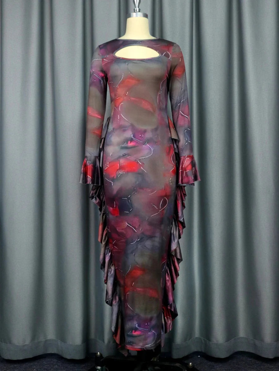 A sexy AOMEI brown printed sheath dress with long sleeves, ruffles, and a bodycon fit perfect for evening parties or nightclubs.