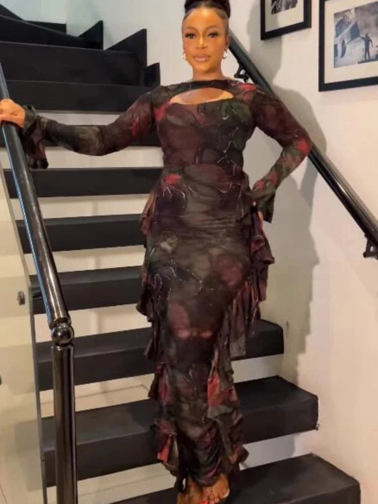 AOMEI brown printed sheath dress with long sleeves, ruffle details, bodycon fit, perfect for evening parties or nightclubs.