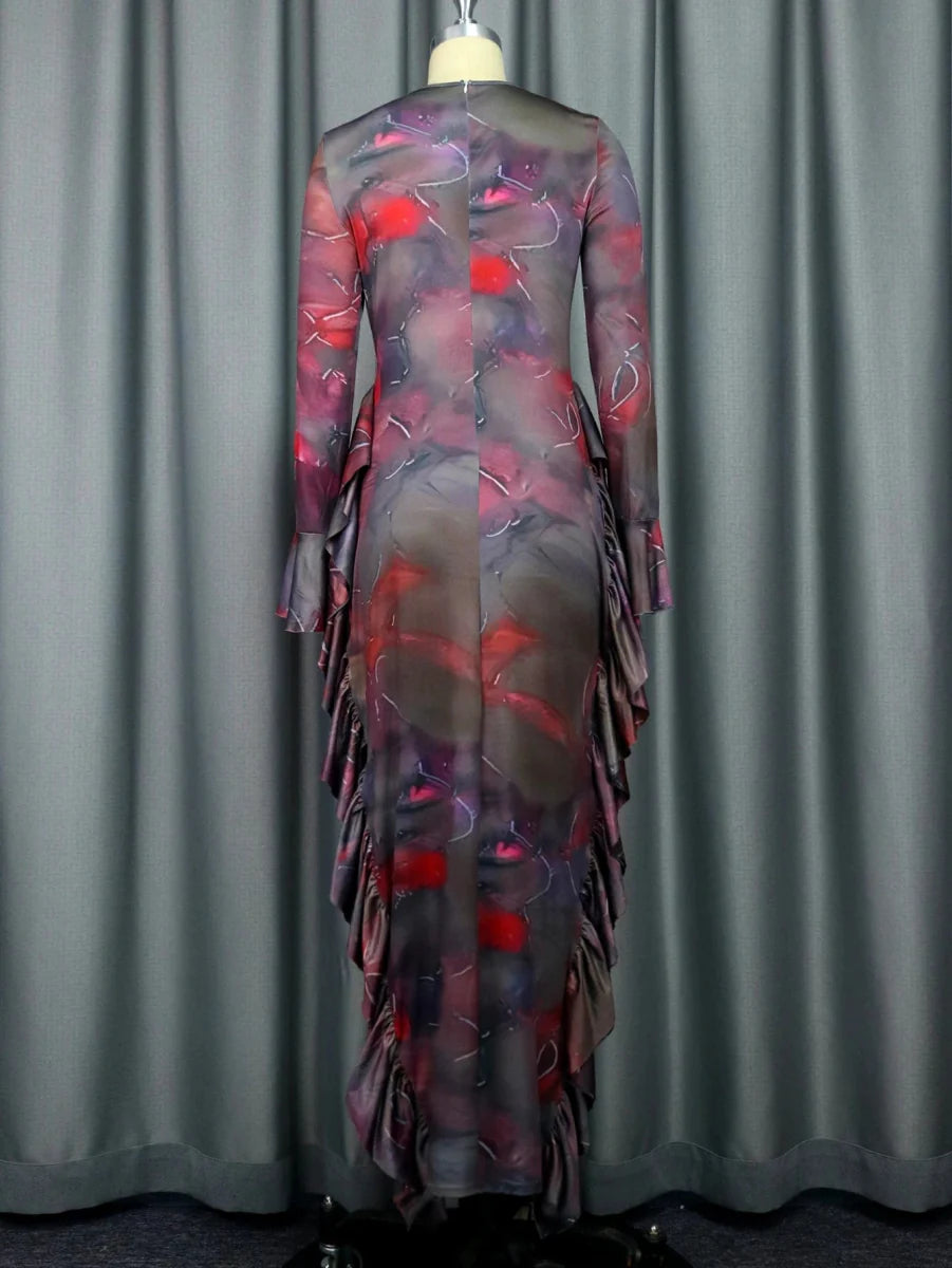 A woman wearing a brown printed sheath dress with long sleeves, ruffles, and a bodycon fit, suitable for evening parties and nightclubs.