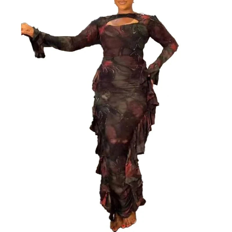 Aimei brown printed sheath dress by SHOWLU FASHION with long sleeves, ruffles, bodycon fit, and stylish cut-out for evening parties.