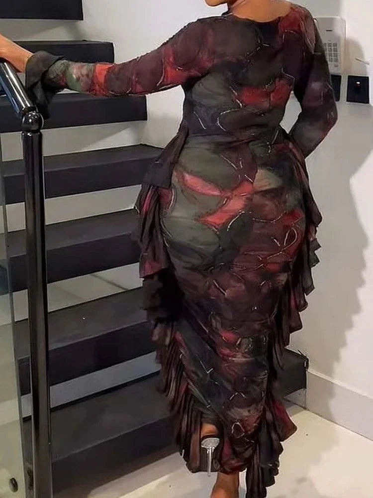 Aloe Brown Printed Sheath Dress by SHOWLU FASHION STORE featuring long sleeves, ruffles, bodycon fit, and o-neck cut-out for evening wear.