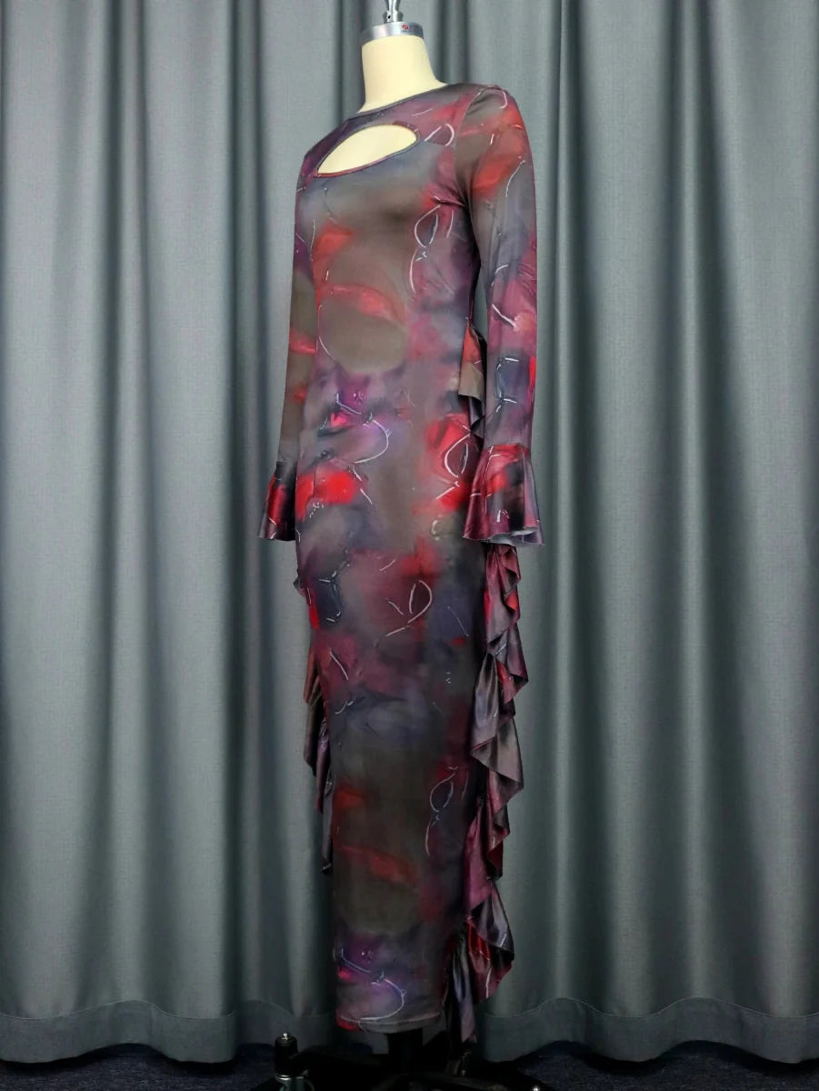 AIMEI brown printed sheath dress with long sleeves, ruffle details, bodycon fit, perfect for evening parties or nightclubs.