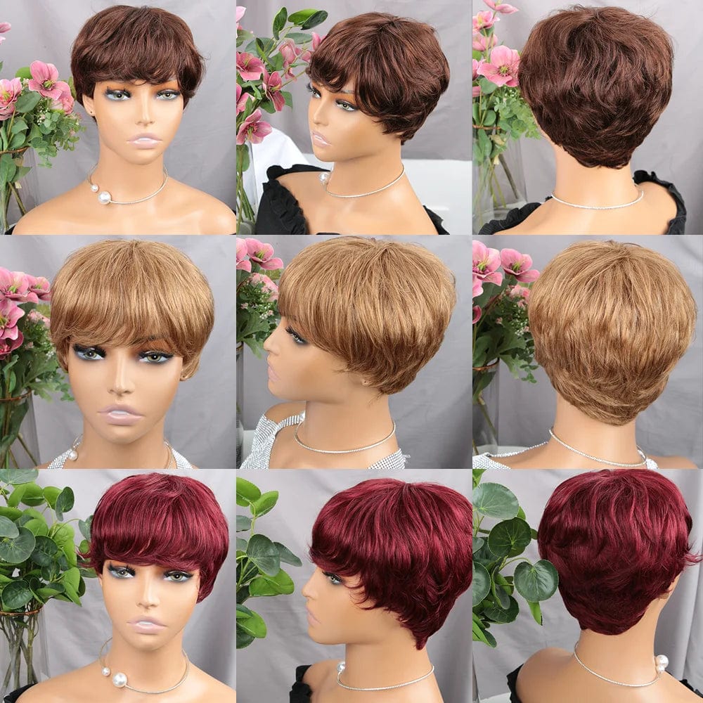 Brown KEILANTRA Pixie Cut human hair wig with bangs for black women, Brazilian Remy, machine-made, short hairstyle.