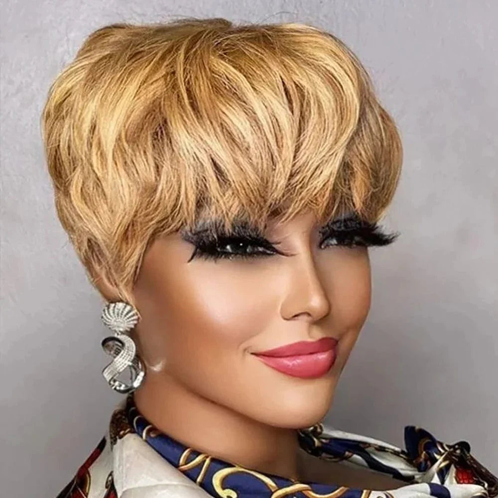 Brown KEILANTRA Pixie Cut human hair wig with bangs for black women, Brazilian Remy, machine-made, short style, natural look