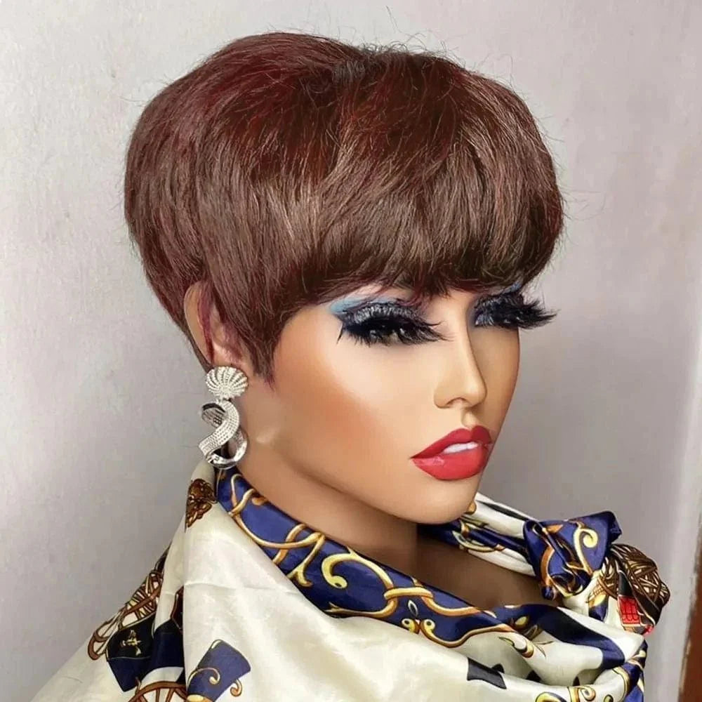 Brown KEILANTRA Pixie Cut human hair wig with bangs for black women, Brazilian Remy, machine-made, short style, natural look.