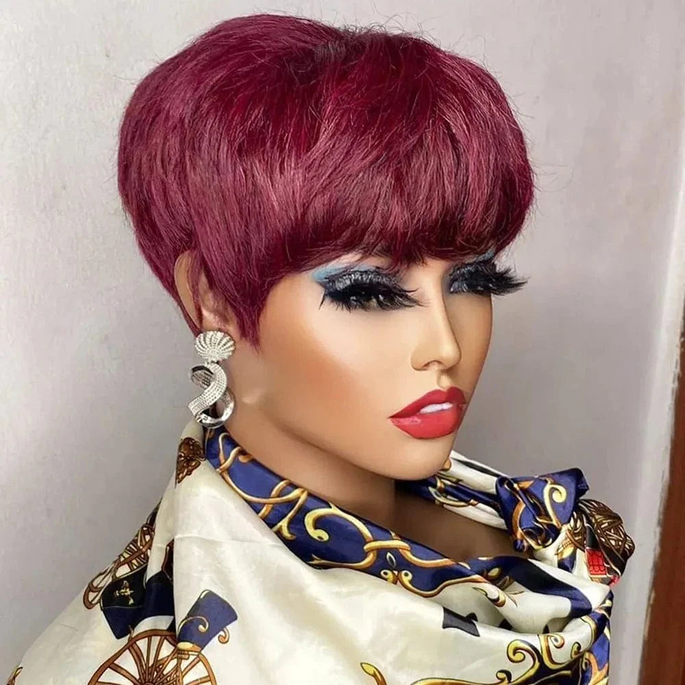 Brown KEILANTRA pixie cut human hair wig with bangs, Brazilian Remy, designed for black women, machine-made for a natural look.