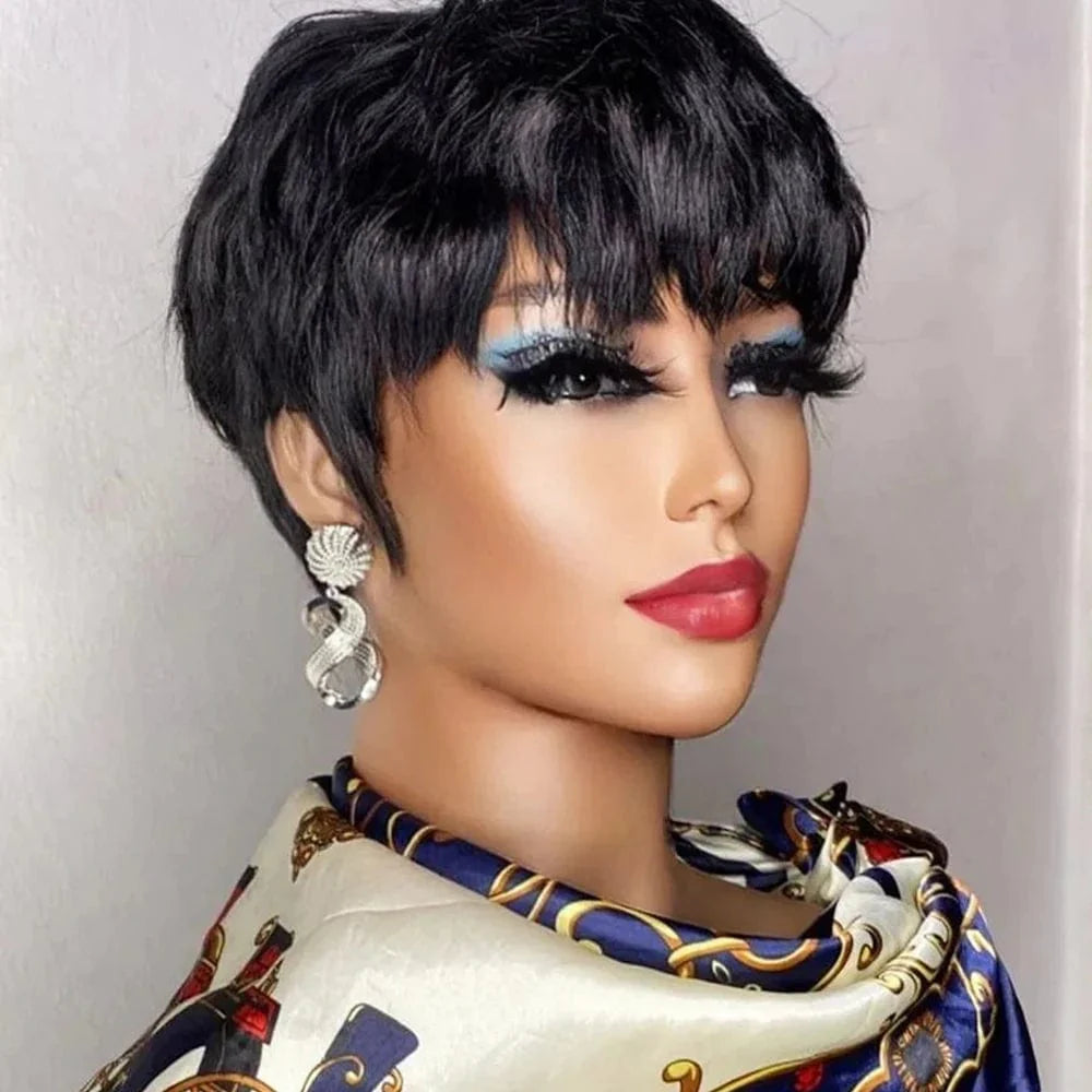 Brown KEILANTRA pixie cut human hair wig with bangs for black women, featuring Brazilian Remy hair and a sleek, machine-made style.